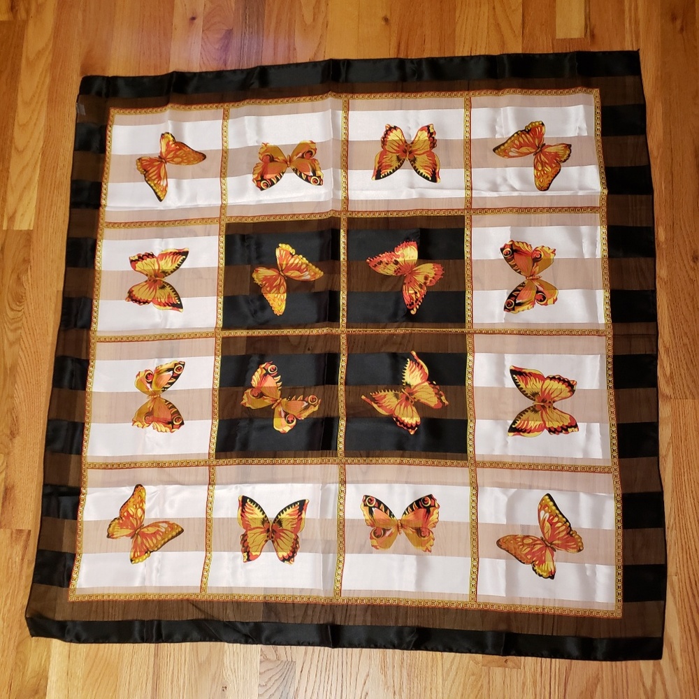 Butterfly Scarf, Black, white, orange 40" x 40"